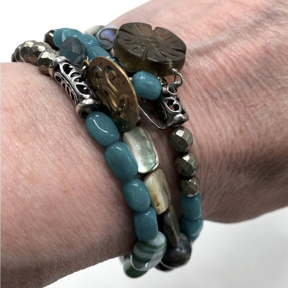 3 Teal Blue/Green Silpada Smokey Quartz Elastic Stretch Bead Bracelets - Picture 5 of 9